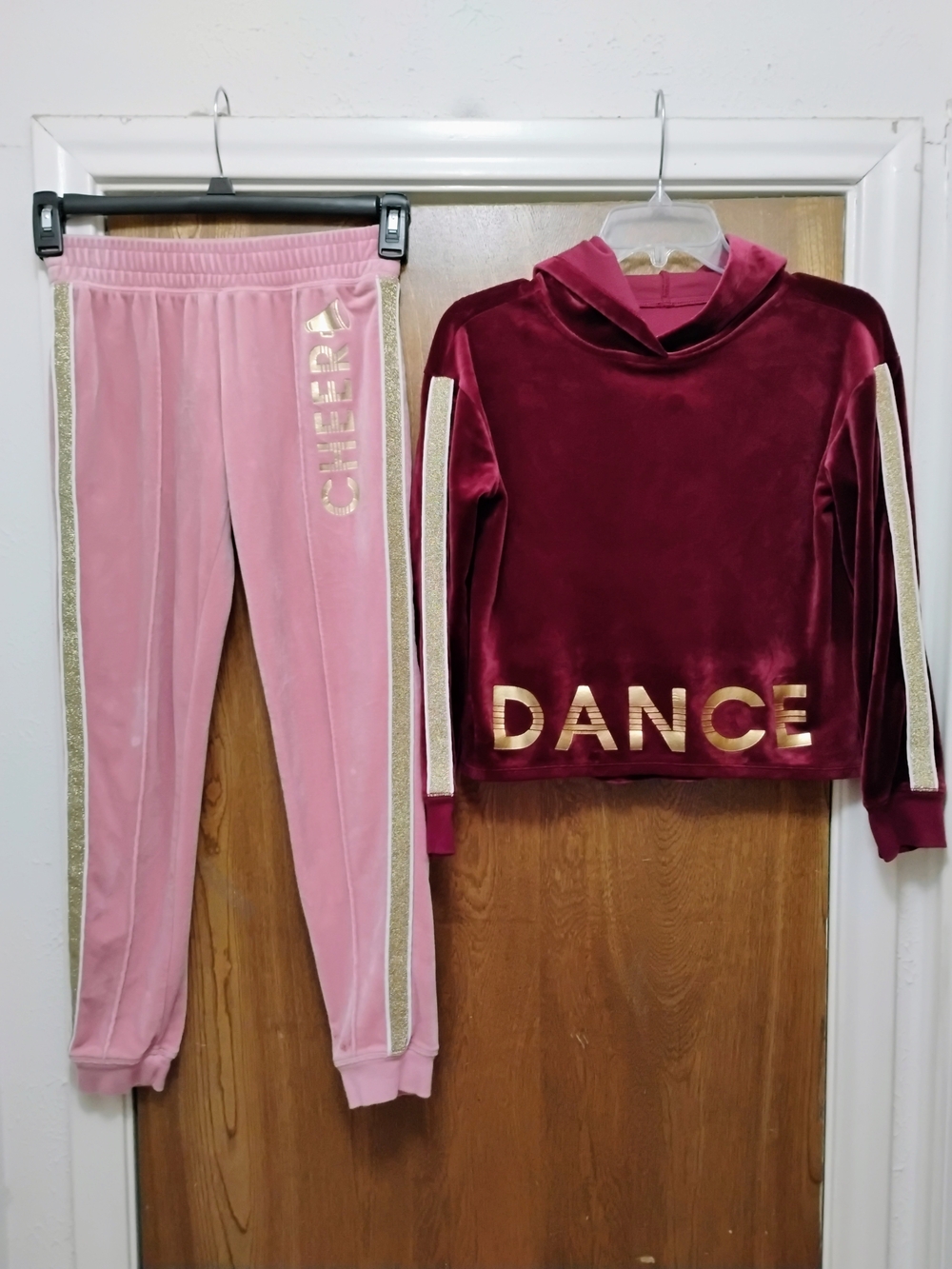Kids Velour Dance Hoodie & Jogger Set - Pink and Burgundy with Gold Accents